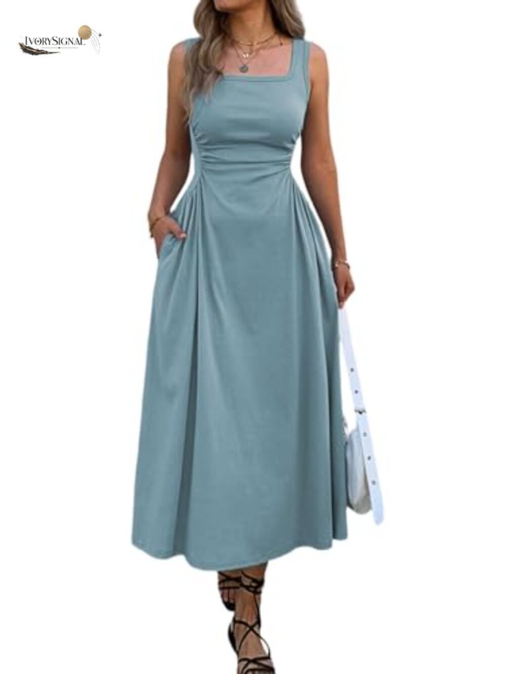 Sleeveless Square Neck Ruched Waist Maxi Dress with Pockets